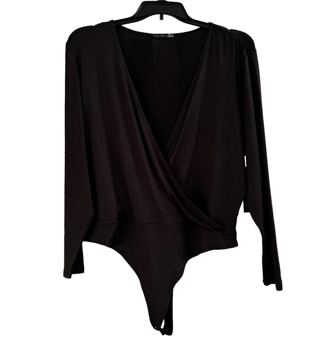 Black Tape 2X-Large Bodysuit Long Sleeves Surplice V-Neck Stretch Black New